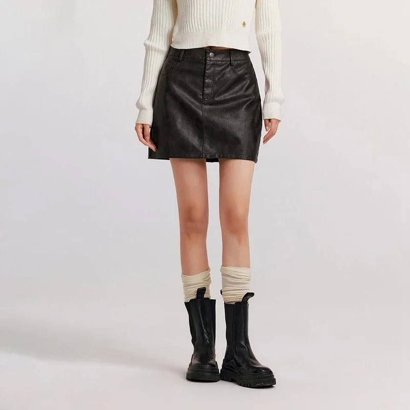 High Waist Leg-Lengthening PU Leather Mini Skirt corduroy skirt textured