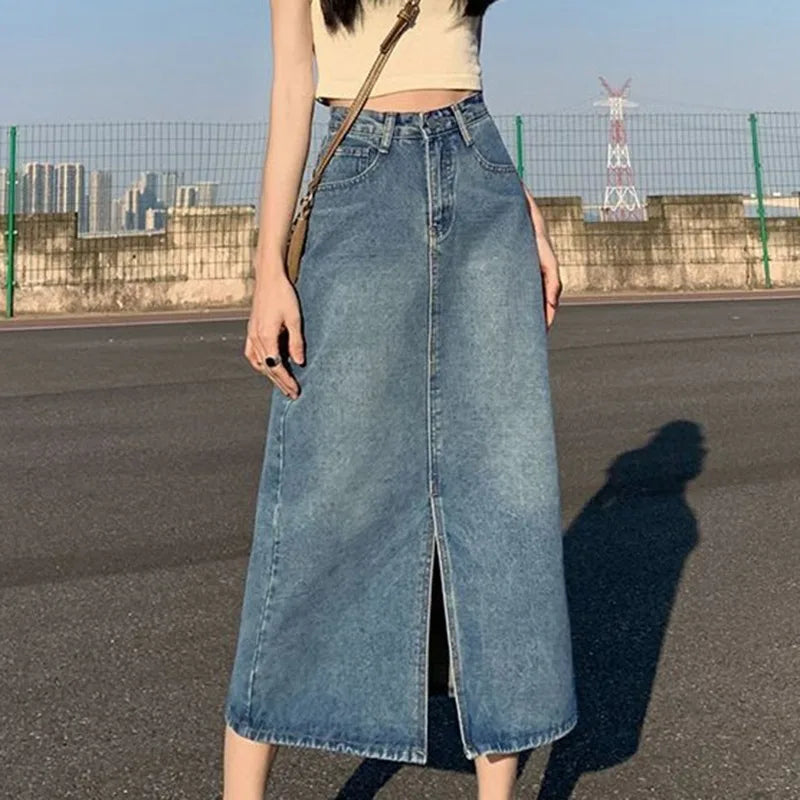 Korean Style Solid Denim High-Waist Long Midi Skirt Bottoml high slit skirt