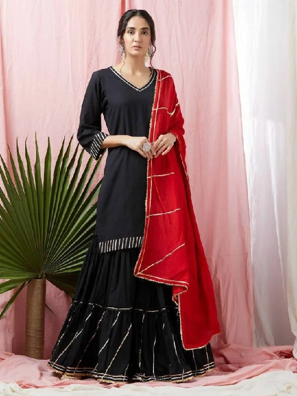 Women's Black & Red 100% Cotton Kurta Skirt Dupatta Set - Cheera denim skirt classic