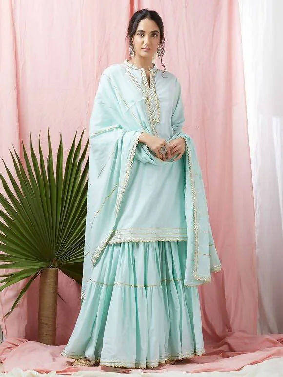 Women's Turquoise Mulmul Cotton Blue Kurta Skirt Dupatta Set - Cheera corduroy skirt comfortable