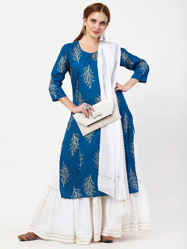 Women's Blue & White Viscose Rayon Kurta With Skirt & Embroidered Dupatta Set - Cheera chiffon skirt floaty