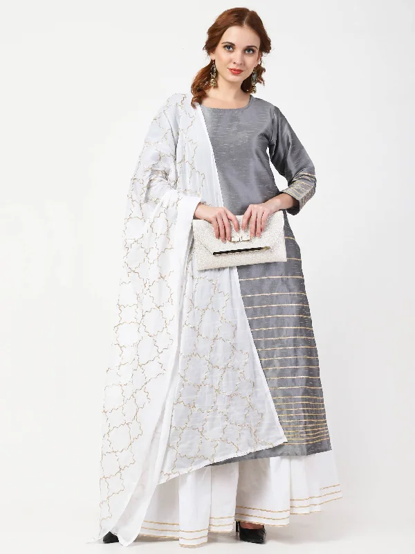 Women's Grey & White Kurta With Skirt & Embroidered Dupatta Set - Cheera silk skirt lustrous