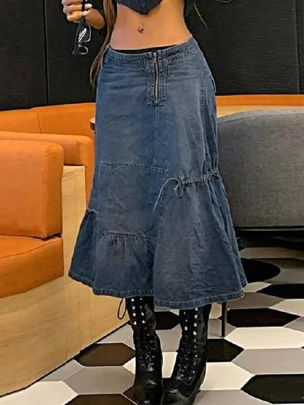 Lace Up Vintage Denim Long Skirt high waist skirt