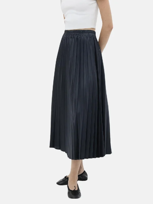 Leather Pleated Skirt Navy Blue button skirt front