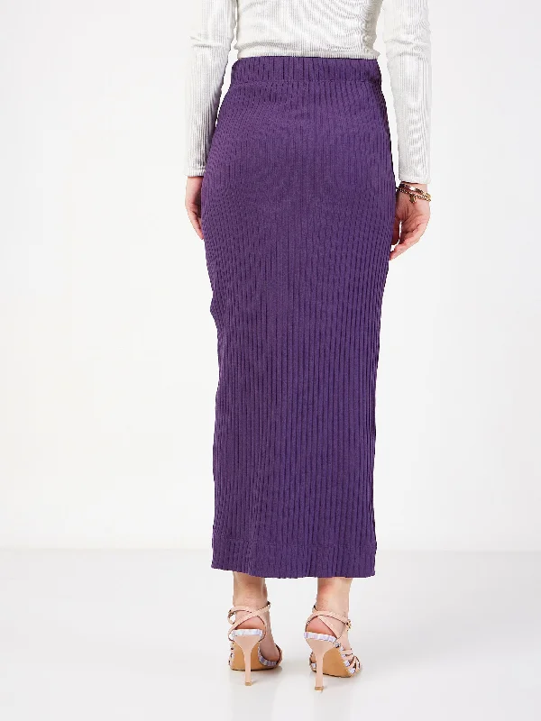 Lyush Women Purple Rib Front Ruched Midi Skirt relaxed fit skirt