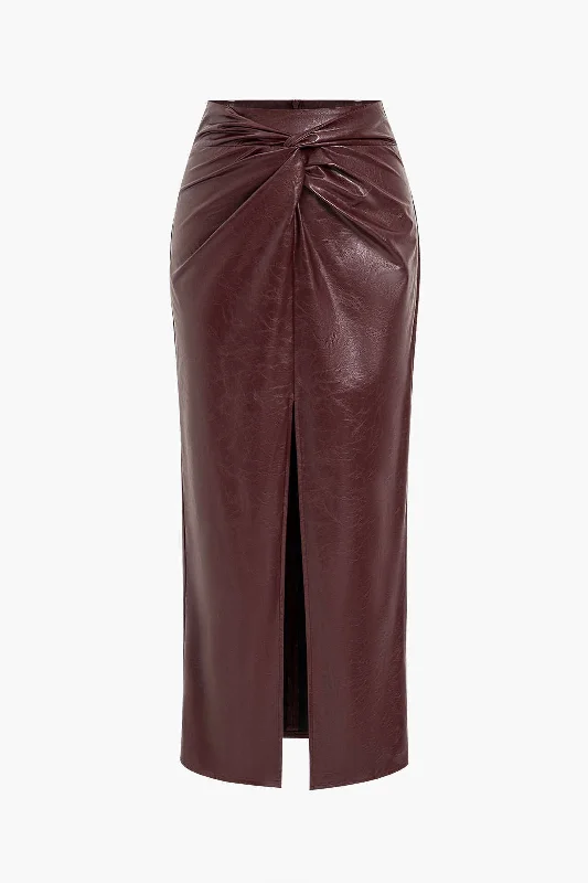 Faux Leather Twist Slit Skirt velvet skirt luxurious