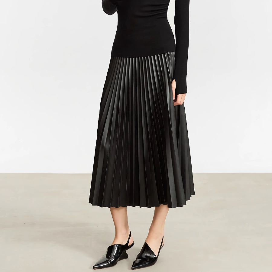 Minimalist A-Line Pleated Leather Skirt for Women leather skirt bold