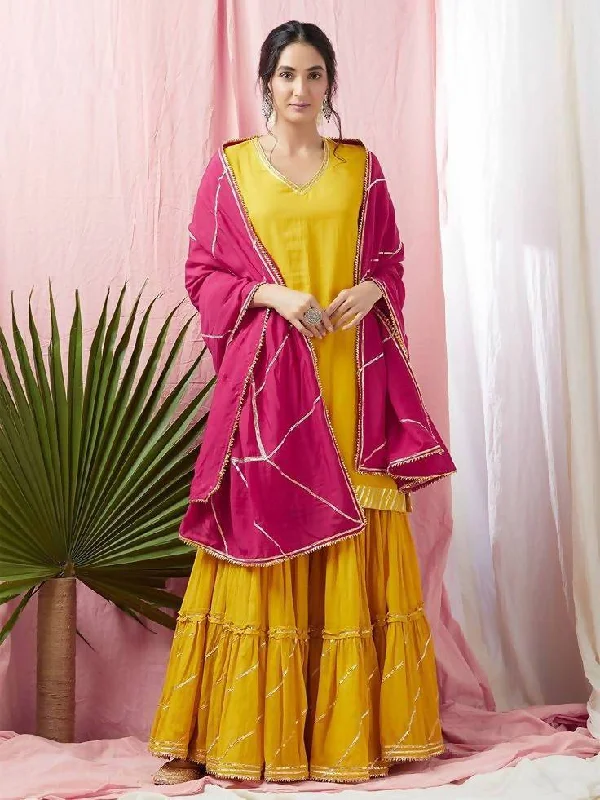 Women's Yellow And Pink Cambric Cotton Kurta Skirt Dupatta Set - Cheera satin skirt smooth