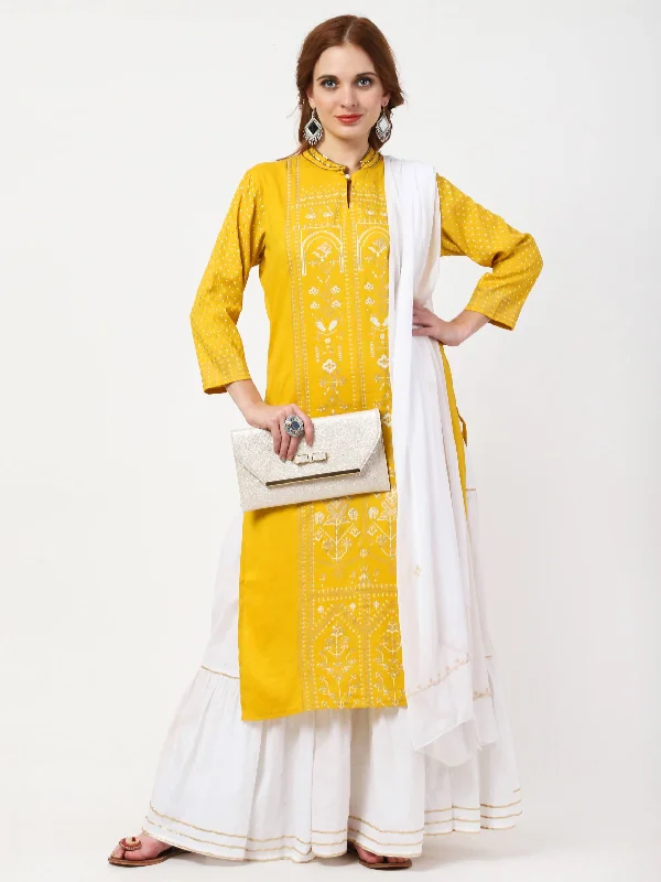 Women's Mustard & White Cotton Kurta With Skirt & Embroidered Dupatta Set - Cheera silk skirt lustrous