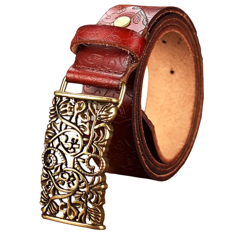 New Fashion Cow Genuine leather belt woman Vintage floral metal buckle Wide belts for women Top quality strap for female jeans Comfortable Straight-Legged Denim