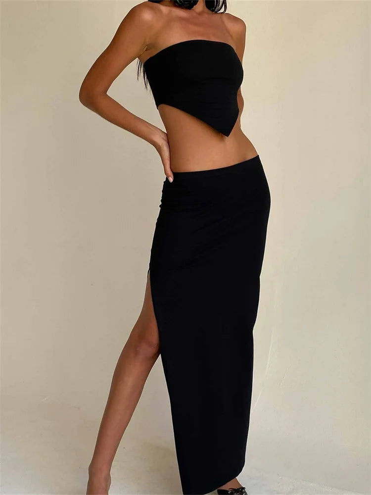 JuliaFashion - Off Shoulder Irregular Hem Tops Side Split Long Skirts Suits silk skirt smooth