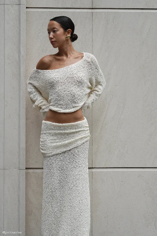 Petra Ruched Knit Maxi Skirt - Ivory leather skirt bold