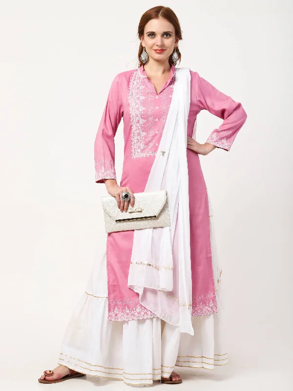 Women's Pale Pink & White Rayon & Cotton Kurta With Skirt & Embroidered Dupatta Set - Cheera velvet skirt rich