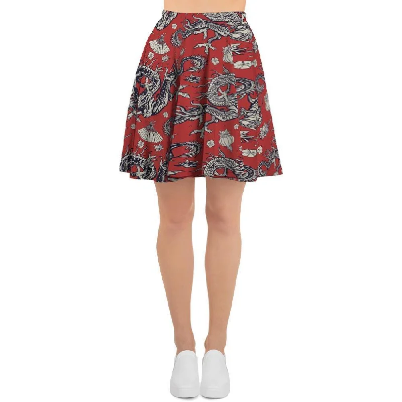 Red Chinese Dragon Floral Print Women's Skirt casual skirt length