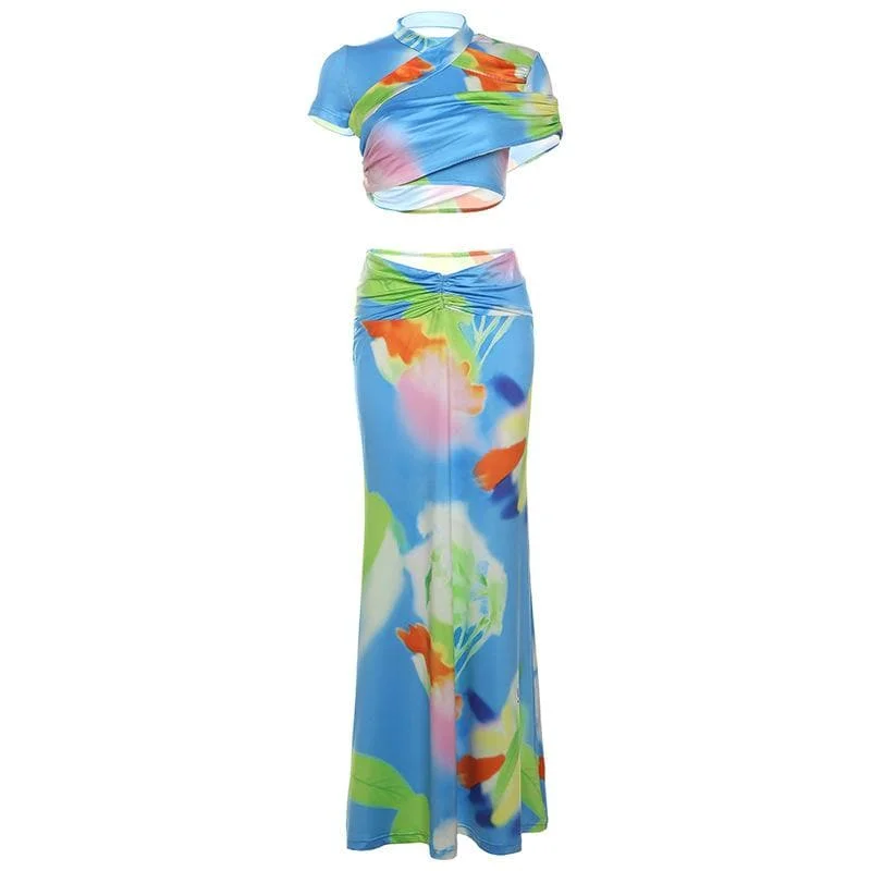 Short sleeve ruched contrast print maxi skirt set seamless skirt comfort