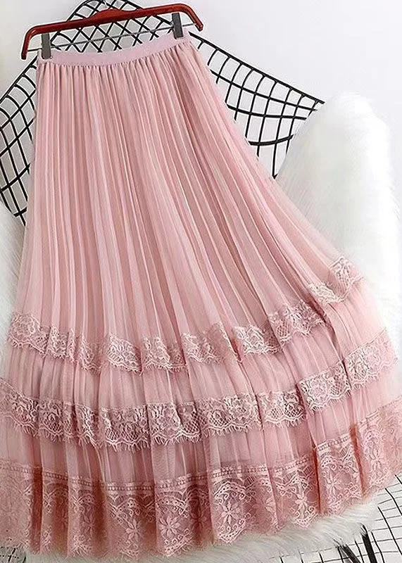 Stylish Loose Pink Lace Patchwork Wrinkled Tulle Skirts Spring lace skirt delicate