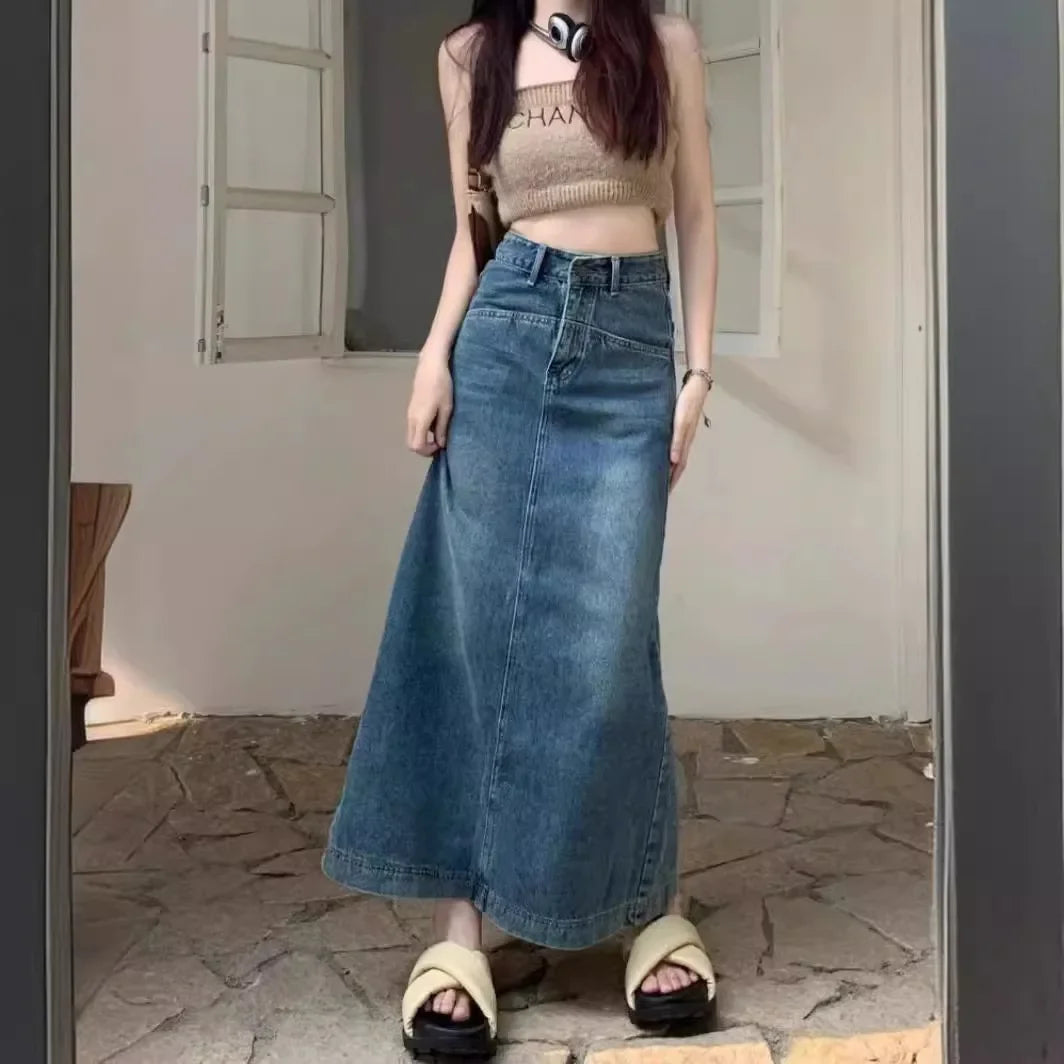 Trendy American Style Side Slit Denim Plus Size Long Skirt Bottom boho skirt vibe