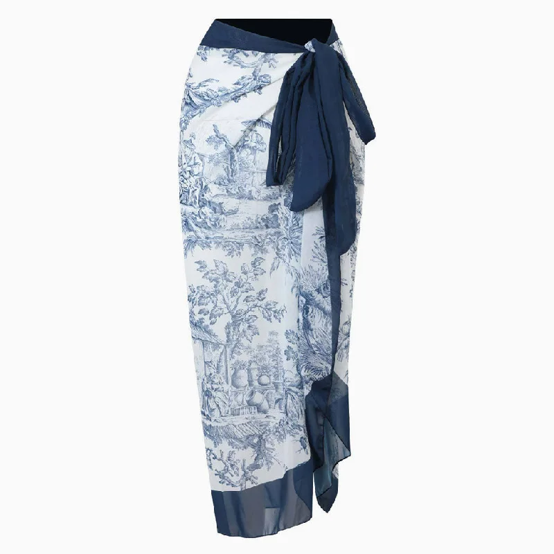 Vintage Print High Waist Chiffon Bow Tie Side Maxi Wrap Sarong Cover Up denim skirt classic