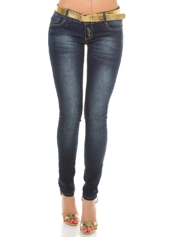 Women's dark blue skinny jeans with gold chain detailing + matching gold Belt. Stylish Cargo Style Jeans