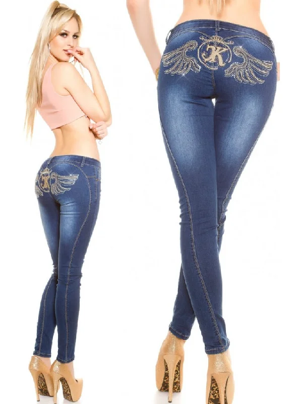 Women's Stylish Rhinestone embroidered dark blue Skinny jeans. Comfortable Zip-Up Skinny Jeans