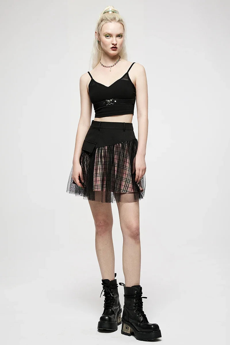 Women's Mesh Panel Plaid High Waist Short College Style Stitched A-line Youth Girl Mini Skirt linen skirt relaxed