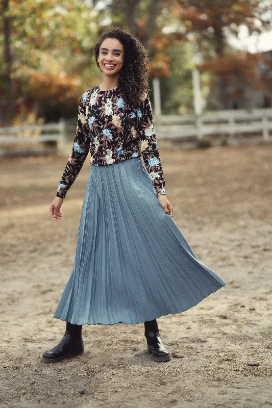 Wool Blend Pleated Skirt-Denim Blue chiffon skirt flowing