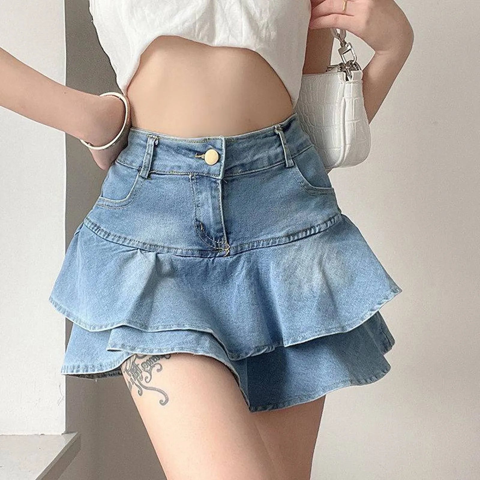 Y2K High-Waisted Double Layer Ruffled Denim Skirt Bottom leather skirt bold